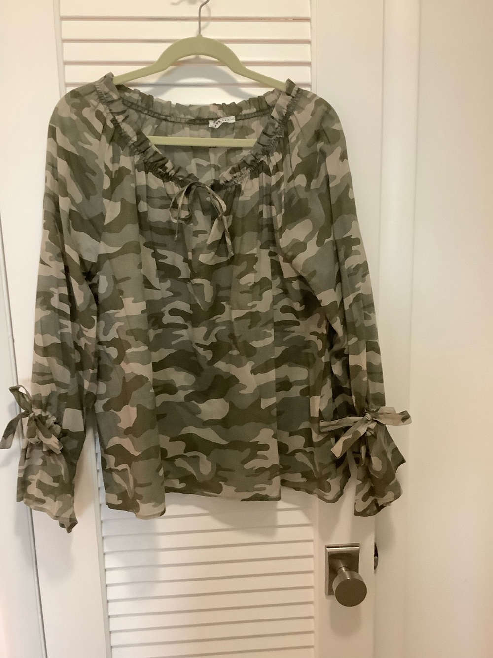 Hannah San Olive Camo Peasant Blouse with Tie Sleeves